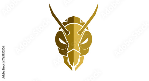 A stylized golden ant head logo with sharp angles and glowing eyes on a white background.