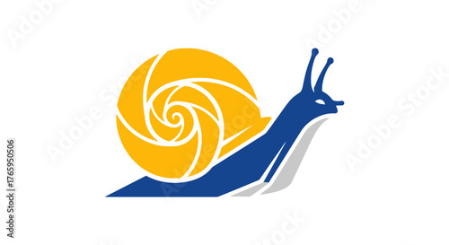 A stylized graphic of a blue snail with a yellow spiral shell resembling a camera aperture.