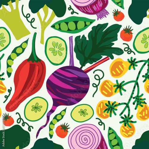 beetroot, chilies, cucumber pieces, peas, broccoli, yellow cherry tomatoes hand drawn seamless pattern. colorful exotic vegetables hand drawn seamless pattern. Good for fabric, textile decorations.
