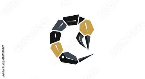 A stylized, geometric scorpion logo design in black and gold.
