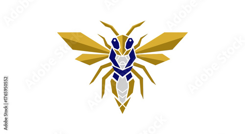 Stylized geometric illustration of a bee or wasp with gold wings and a blue and white body on a plain white background.