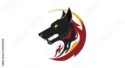 Fierce black dog head with bared teeth and flames, designed as a modern circular logo.