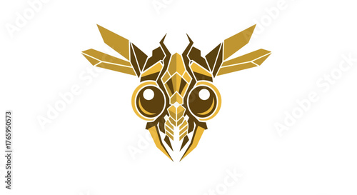 A stylized, geometric, golden mechanical owl or insect-like creature's head with large round eyes and sharp mandibles.