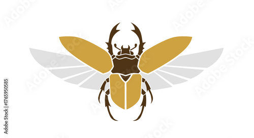 Stylized brown and gold beetle with spread wings on a white background, resembling a scarab or rhinoceros beetle.