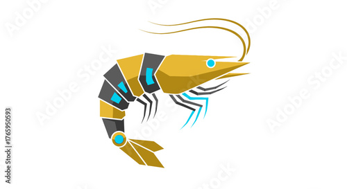 A stylized illustration of a robotic shrimp with a golden body and blue accents, showcasing technological design.