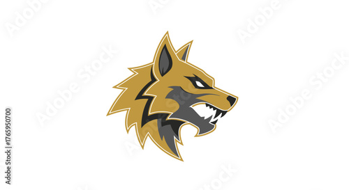 Golden wolf head logo with sharp teeth on a white background.