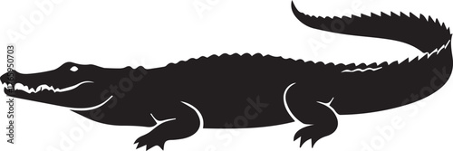Silhouette of a fearsome alligator reptile with sharp teeth and a long tail in a profile view