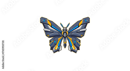 A futuristic robotic butterfly with metallic wings in blue, grey, and yellow colors, digitally rendered.