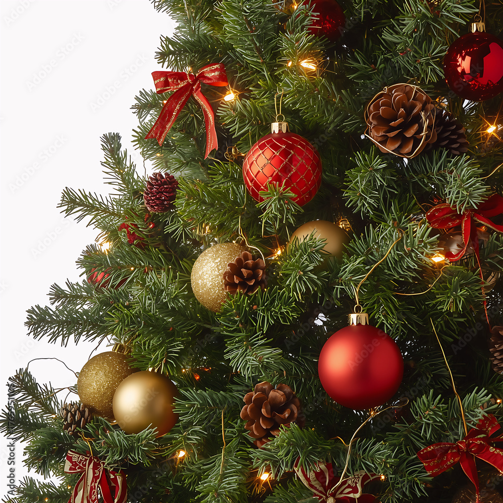 Fototapeta premium Elegant Christmas Decorations Hanging on Green Fir Branch