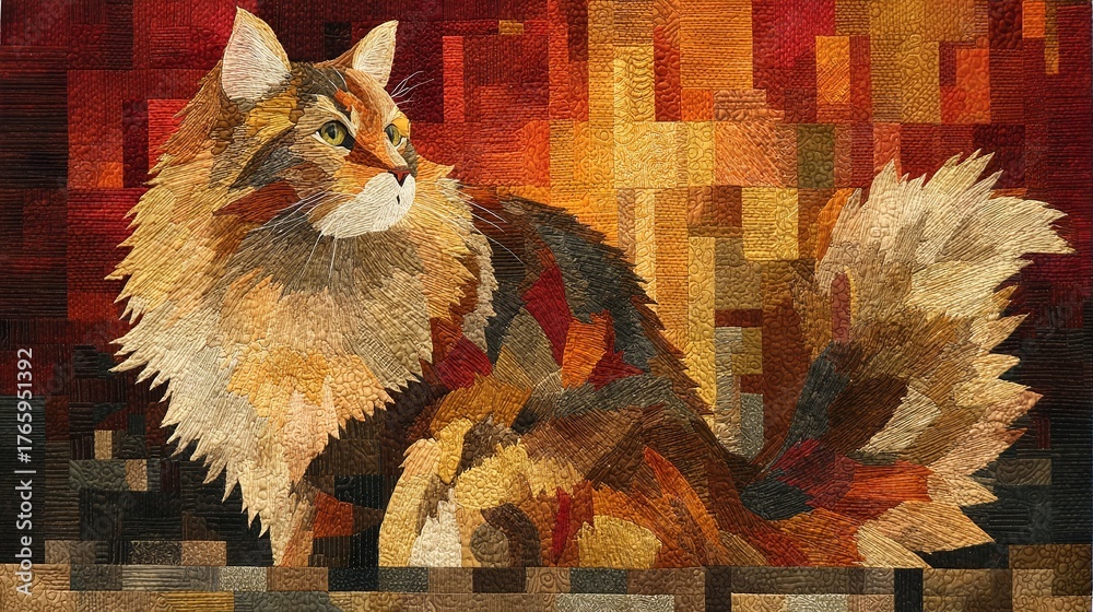 Naklejka premium A painting of a red-yellow background with a black-white cat in the foreground featuring a seated cat