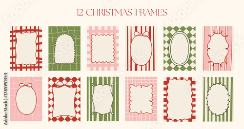 Collection of 12 festive Christmas frames in red, green, and pink colors. Hand drawn geometric borders with bows and stripes, perfect for holiday cards and invitations