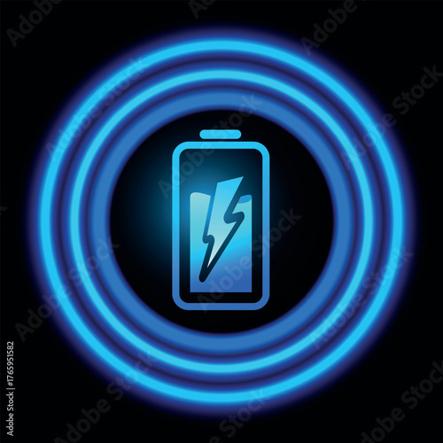 Wireless charging neon blue glowing vector icon on dark, battery energy, lightning bolt in accumulator sign with circles