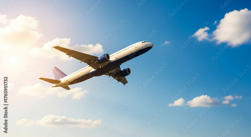 Obraz premium Airplane in flight against blue sky with white clouds, showing travel and transportation, adventure, and vacation planning for business or leisure