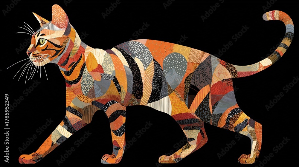 Naklejka premium A cat depicted in various shades and forms on black canvas