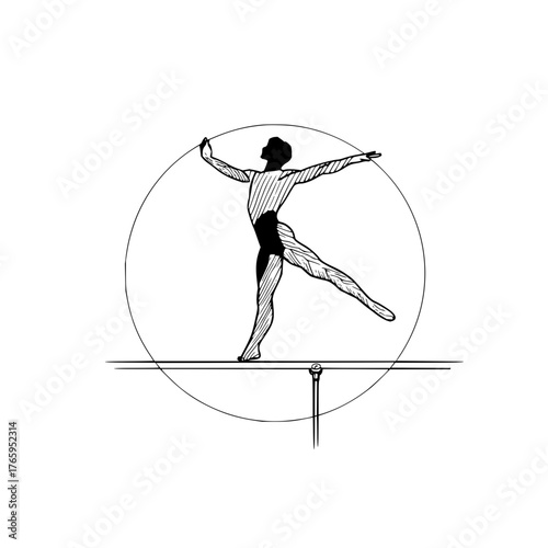 Illustration of a stylized ballet dancer performing on a barre inside of a circle in black and white art