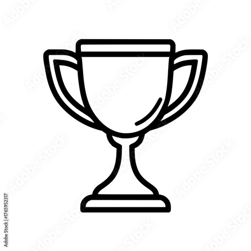 A minimalist line drawing of a trophy with handles and a pedestal on a white background is presented