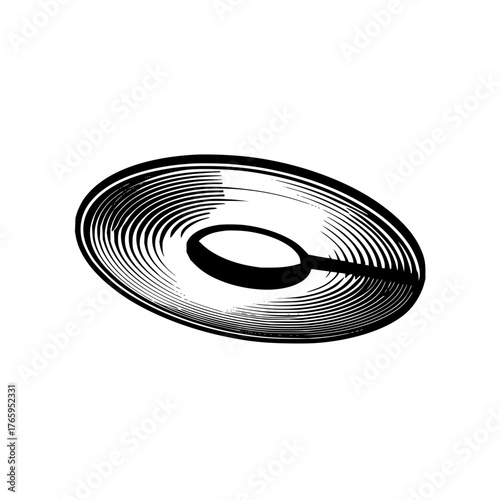 Stylized black and white drawing of an oval shaped object with a hole in the center and line details