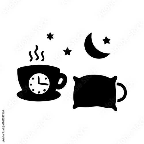 Silhouette of a coffee cup with clock face, pillow, moon and stars representing bedtime routine
