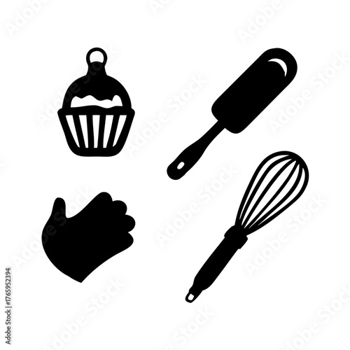 A collection of baking utensils including a cupcake, spatula, glove, and whisk in black silhouette style