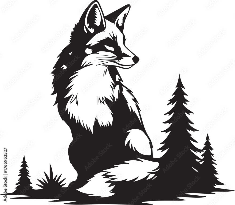 Fototapeta premium Majestic fox sitting gracefully amongst pine trees wildlife nature scene