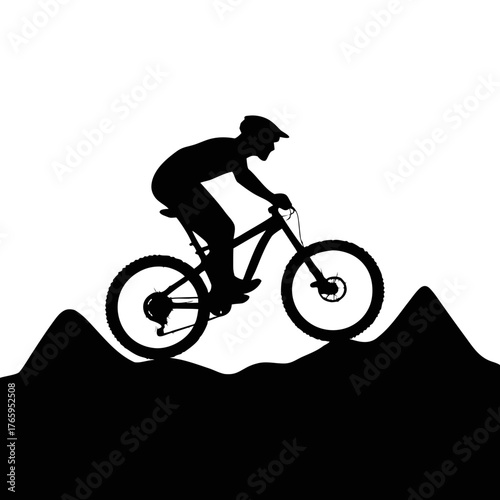 Silhouette of a mountain biker riding over hills against a white background in a minimalist style image