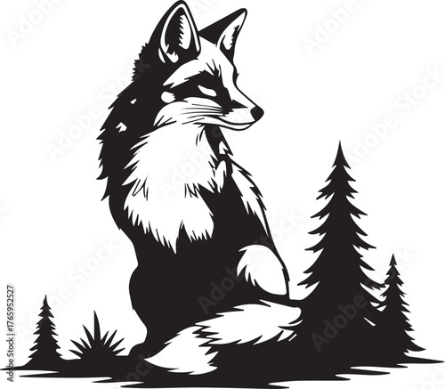 Majestic fox sitting gracefully amongst pine trees wildlife nature scene