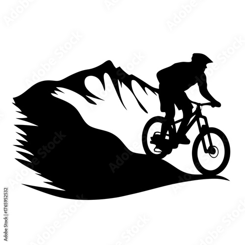 Silhouette of a mountain biker riding down a mountain trail in a black and white vector graphic style
