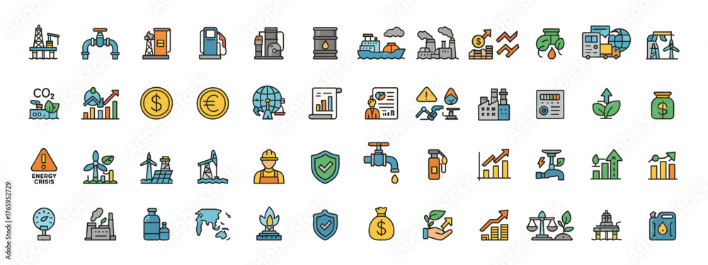 Fototapeta premium Public utilities and infrastructure colored icon set — water, gas, energy, finance, and ecology