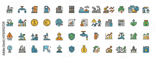 Public utilities and infrastructure colored icon set — water, gas, energy, finance, and ecology