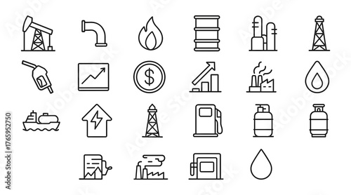 Minimal Line Icons Set of Oil, Gas and Energy Industry Elements