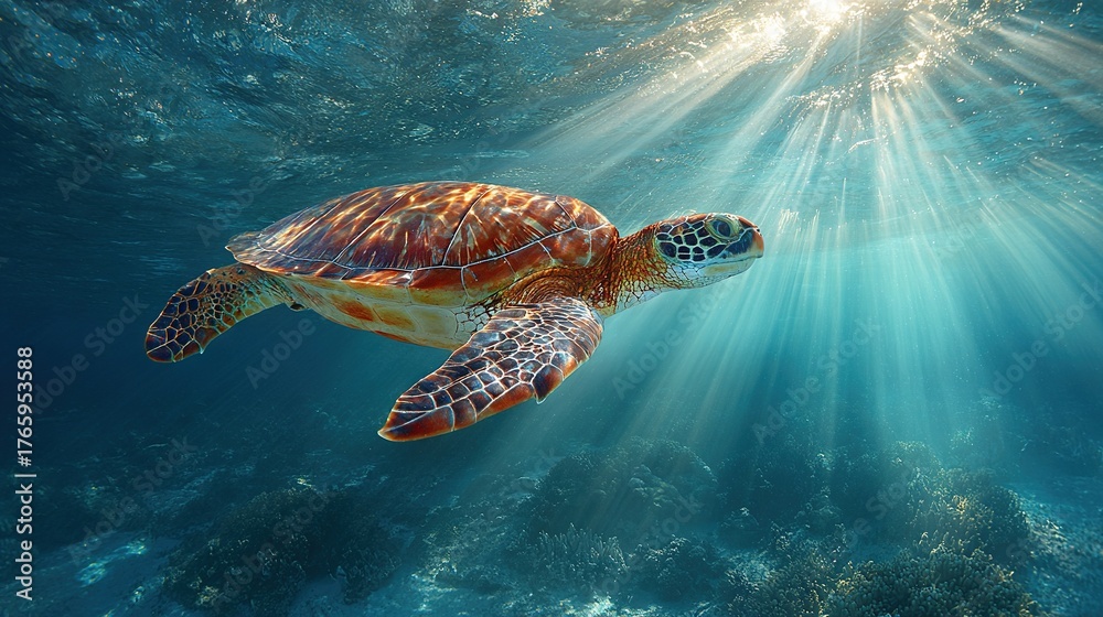 Fototapeta premium A turtle swimming in an ocean, illuminated by sunlight from above its back and head