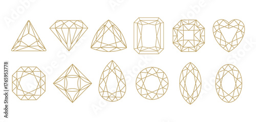 Gemstone Outline Icons Set in Gold Line Style. Minimal Geometric Diamond Cut Shapes diamond, heart, oval, pear, round square cuts for jewelry design, branding, packaging,logos, digital graphics.Vector