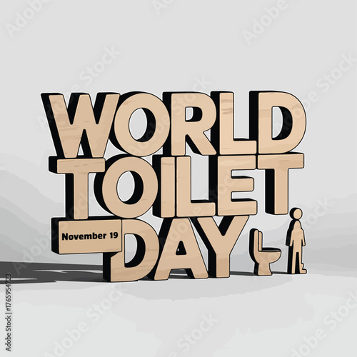 Vector art of world toilet day november 19 wooden text with a small figure and toilet on a dark base, studio shot