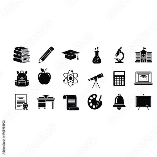 Vector art of education and school vector icon set contains icons as book, pencil, graduation cap, flask, microscope