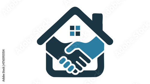 Symbolic logo of handshake inside a house silhouette representing real estate partnership agreement