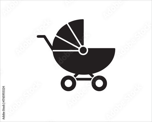 Black silhouette of retro baby stroller on white background simple design