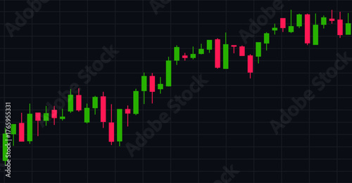 Rising Forex price chart, green and red candles, stock market.