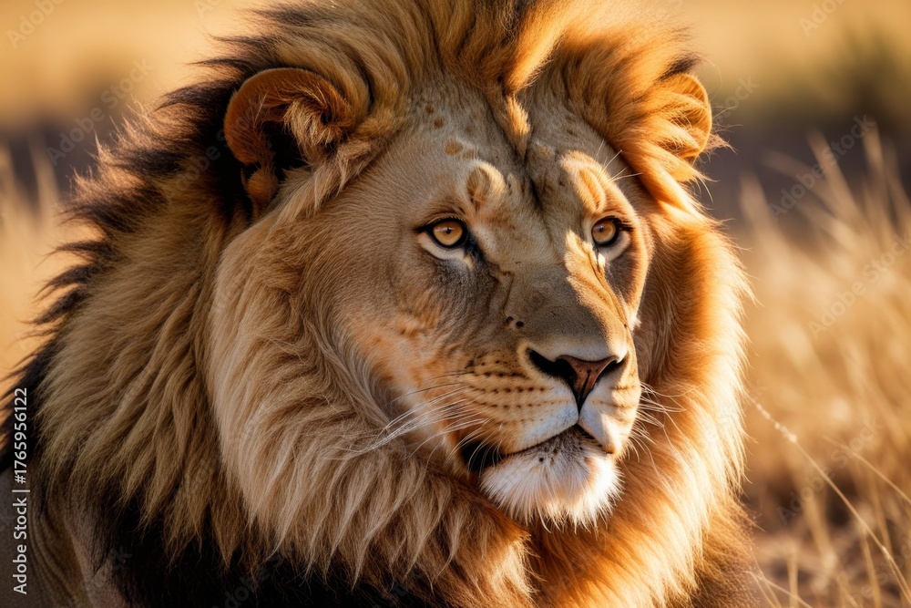Naklejka premium Löwe mit Mähne in der afrikanischen Graslandschaft