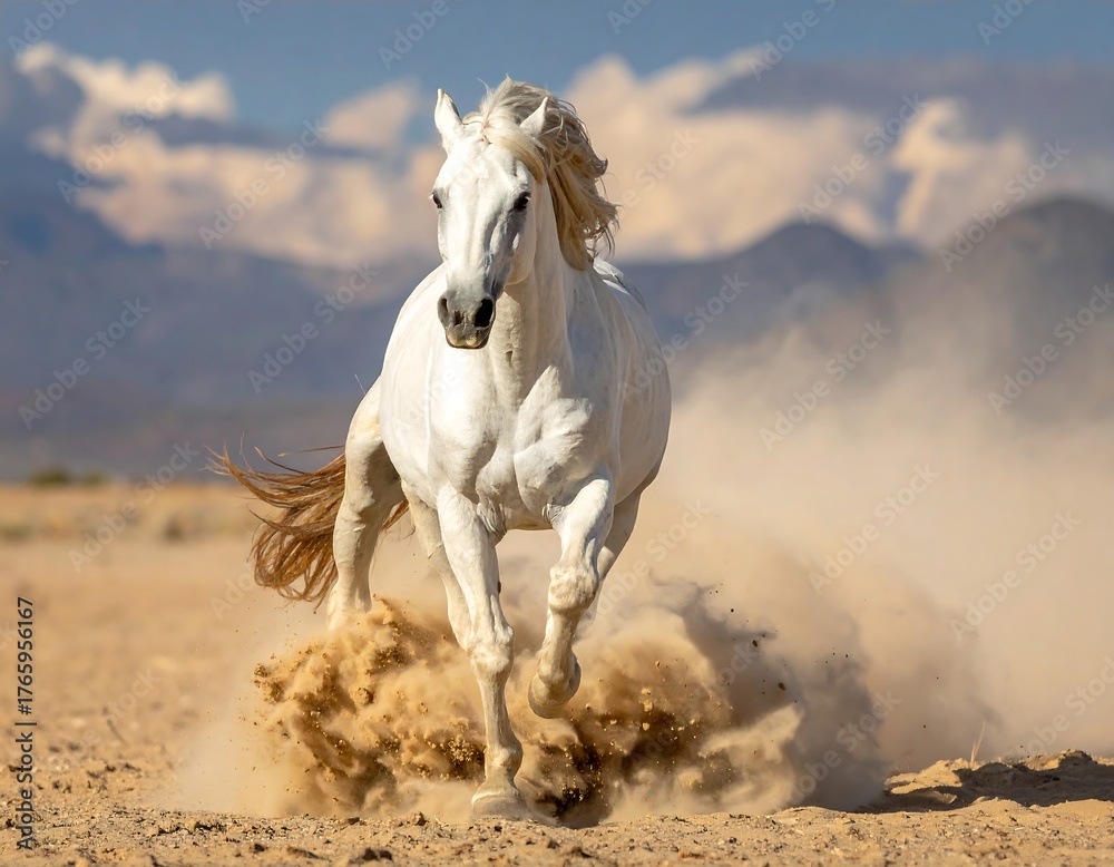 Obraz premium A majestic white stallion gallops through a desert landscape, kicking up dust