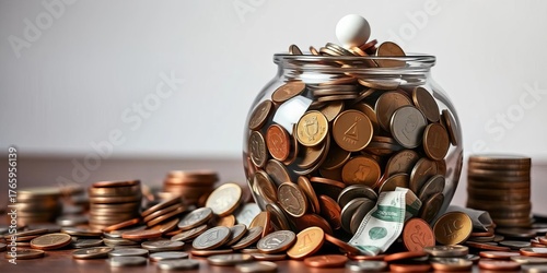 A ceramic tip jar overflowing with coins and banknotes,  generosity,  bar