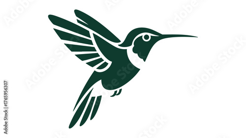 Elegant dark green hummingbird emblem detailed silhouette graceful wings open hovering motion
