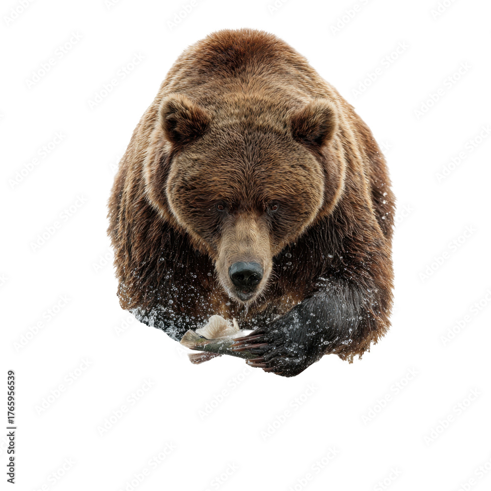 Fototapeta premium Brown bear catching fish in a river during daylight in a natural habitat isolated on transparent background