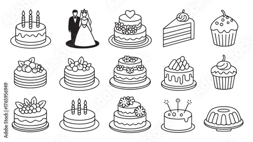 Set of cake and dessert icons simple line art illustration perfect for menu design and bakery promotions