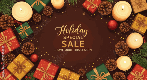 Vector illustration of festive holiday sale banner with gift boxes, pine cones, fir branches, and glowing candles, promoting seasonal savings and special offers