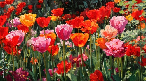  A painting of a field of red, yellow, and pink tulips with a green tree in the background
