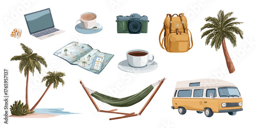 Collection of travel and vacation items including a laptop camera coffee hammock and camper van