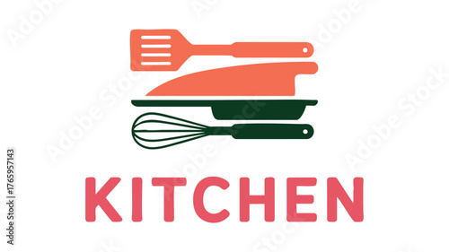 Kitchen utensils logo design featuring spatula knife whisk and word kitchen