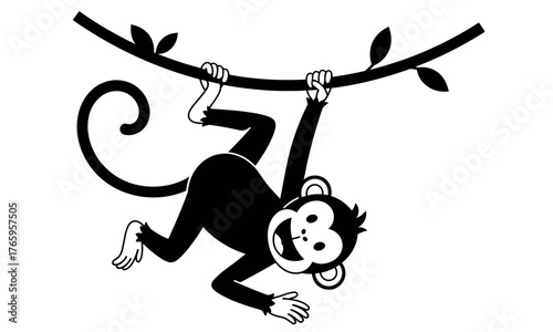 Happy monkey swinging from a branch illustration, perfect for jungle themed designs and projects