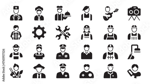 Set of occupation icons professional career glyphs simple flat design for web and mobile apps isolated on white backgroun