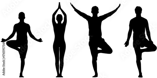 Silhouettes of four people performing different yoga tree poses against a white background